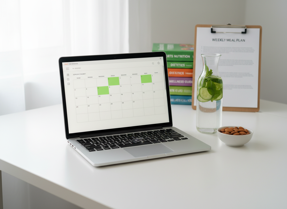 A minimalist photographic realism scene of a white office desk featuring a sleek open laptop displaying a calendar with highlighted appointment slots, next to a clear glass bottle of water infused with cucumber and mint, and a small white ceramic bowl filled with almonds. The desk surface is matte and spotless, with only a subtle texture. Behind, a faintly blurred background shows stacked nutrition textbooks with colorful spines and a neat clipboard holding a printed meal plan. Soft, even daylight from an unseen window to the left illuminates the scene, avoiding harsh shadows and creating a calm, organized atmosphere. Captured at eye-level with balanced composition, the image evokes professional online nutrition consulting and practical scheduling for healthy habits.