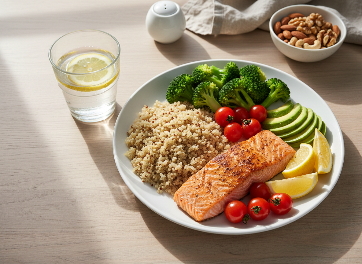 A vibrant overhead photographic realism shot of a large, round white ceramic plate neatly divided into colorful whole foods: roasted salmon with a glossy, slightly crisp surface, quinoa with visible grains, steamed broccoli florets, cherry tomatoes, avocado slices, and lemon wedges. The plate rests on a light oak wooden table with a subtle natural grain, next to a clear glass of water with lemon slices and a small bowl of mixed nuts. Soft daylight from a nearby window creates gentle, natural highlights and soft shadows, giving the scene a fresh, professional feel. The composition follows the rule of thirds with sharp focus on the plate and a lightly blurred background of a neutral linen napkin and a simple ceramic salt cellar, conveying balanced nutrition and real, unprocessed food.