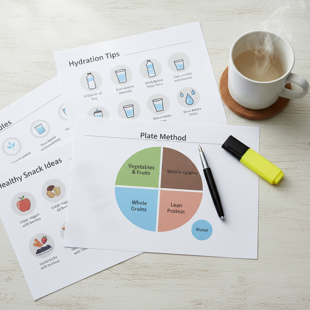 A high-resolution photographic realism flat lay of printed nutrition infographics spread across a pale wooden table. Each infographic shows colorful, clearly labeled diagrams of the plate method, hydration tips, and healthy snack ideas with icons of fruits, vegetables, whole grains, and water glasses. A fine-tip black pen rests diagonally across one page, and a highlighter lies uncapped nearby. A simple white ceramic mug of herbal tea with a faint steam trail sits in the upper corner on a round cork coaster. Soft overcast daylight from above eliminates strong shadows, giving a balanced, neutral tone. The composition is carefully arranged to remain legible yet dynamic, with crisp focus across the scene, conveying educational, evidence-based nutrition information in a professional, approachable style.