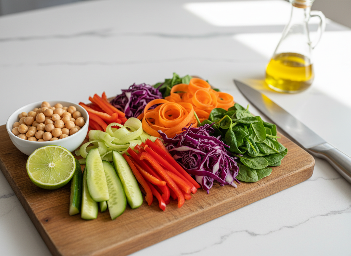 A bright photographic realism close-up of a wooden cutting board with freshly chopped colorful vegetables: crisp red bell pepper strips, cucumber slices with visible seeds, shredded purple cabbage, bright orange carrot ribbons, and leafy green spinach. A halved lime and a small ceramic bowl filled with chickpeas are placed near the center. The board rests on a white quartz countertop with subtle gray veining, beside a glass bottle of extra virgin olive oil and a stainless-steel knife with a polished blade catching the light. Natural morning light pours in from the right, producing clean highlights and delicate shadows, giving the mood an energetic, fresh, and professional tone. Shot from a slightly elevated angle with shallow depth of field to keep the ingredients sharp and the background softly blurred.