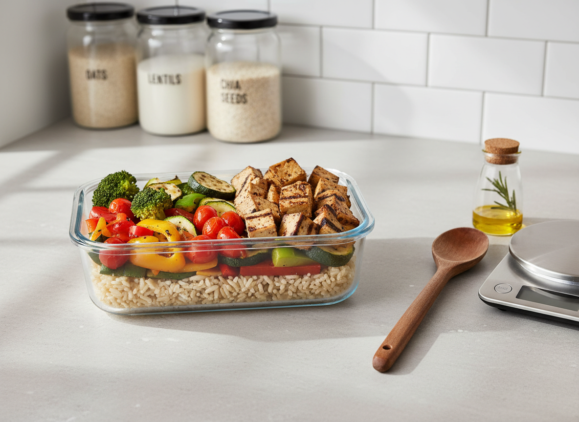 A clean, photographic realism kitchen countertop scene featuring a medium-sized transparent glass meal prep container, meticulously filled with colorful roasted vegetables, brown rice, and grilled tofu cubes with seared edges. The container sits on a pale gray stone surface with faint speckles, beside a stainless-steel kitchen scale, a wooden spoon, and a small glass jar of olive oil. Soft, diffused daylight enters from the left, creating gentle reflections on the glass and subtle shadows under the container. In the background, slightly out of focus, are labeled glass jars of oats, lentils, and seeds arranged against a white subway tile backsplash. The composition is eye-level with a slight angle, creating a practical, organized, and professional atmosphere that communicates structured, realistic healthy eating.